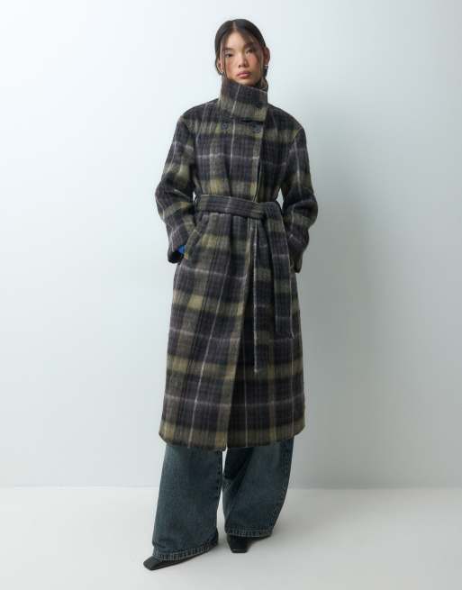 ASOS DESIGN longline funnel neck belted formal coat in blue check, 4 of 5