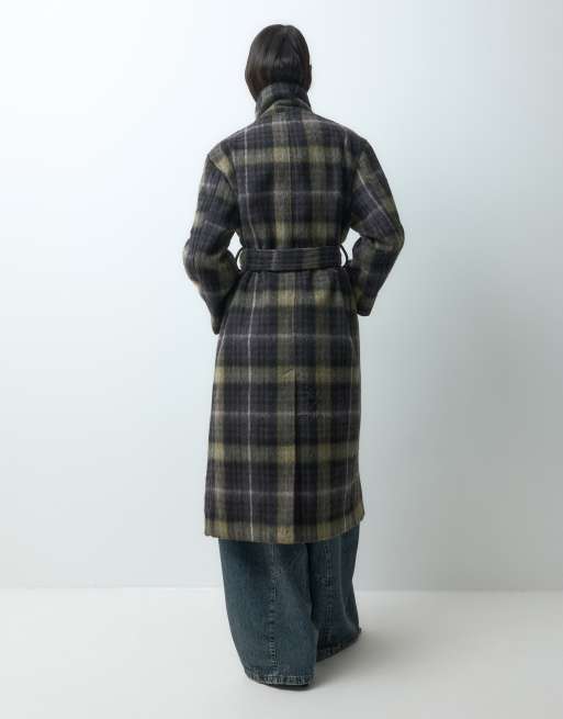 ASOS DESIGN longline funnel neck belted formal coat in blue check, 5 of 5