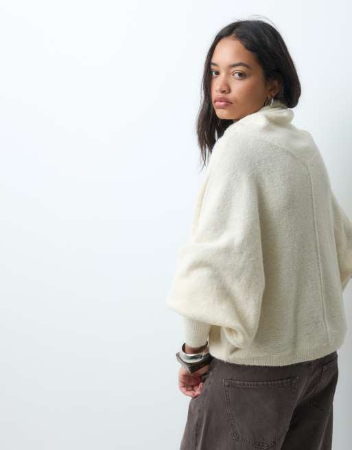 ASOS DESIGN longline funnel neck brushed batwing jumper in cream, 4 of 5