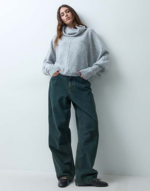 ASOS DESIGN longline funnel neck brushed batwing jumper in grey, 2 of 4