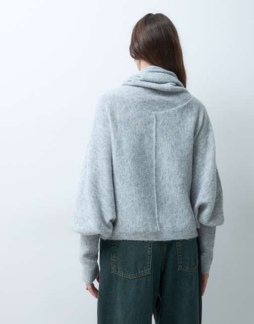 ASOS DESIGN longline funnel neck brushed batwing jumper in grey, 3 of 4