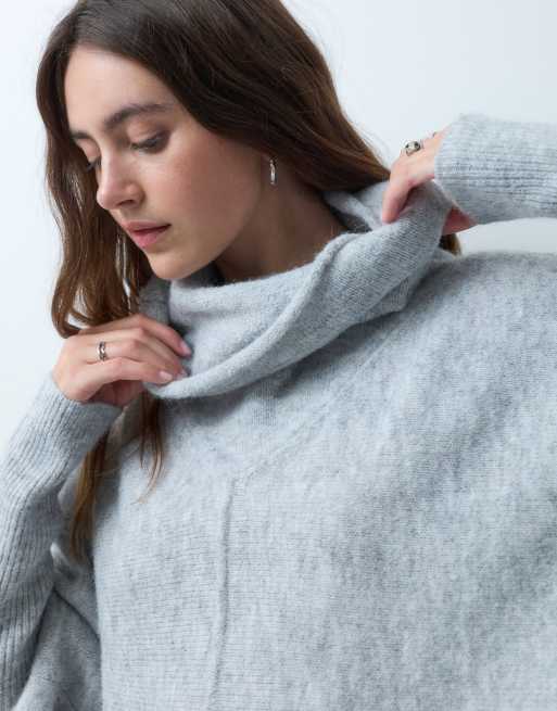 ASOS DESIGN longline funnel neck brushed batwing jumper in grey, 4 of 4