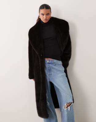 Asos Design Longline Funnel Neck Faux Fur Coat In Black