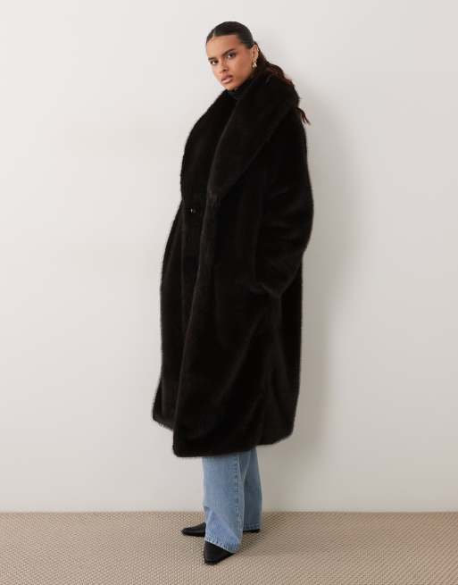 ASOS DESIGN longline funnel neck faux fur coat in dark brown, 2 of 4