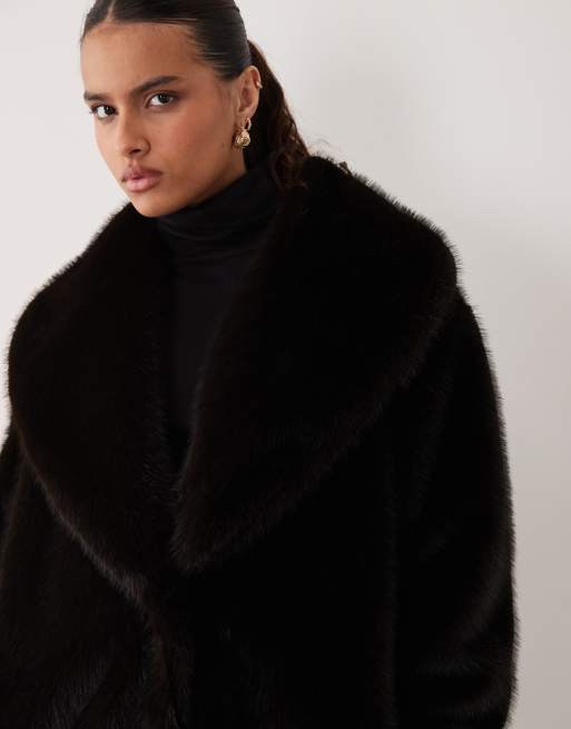 ASOS DESIGN longline funnel neck faux fur coat in dark brown, 3 of 4