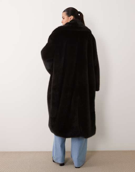 ASOS DESIGN longline funnel neck faux fur coat in dark brown, 4 of 4