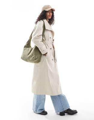 longline funnel neck trench coat in stone-Neutral