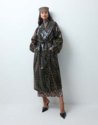 Asos Design Longline High Shine Trench Coat In Multi