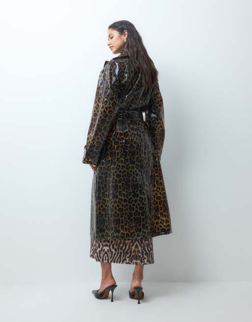 ASOS DESIGN longline high shine trench coat in leopard, 2 of 5