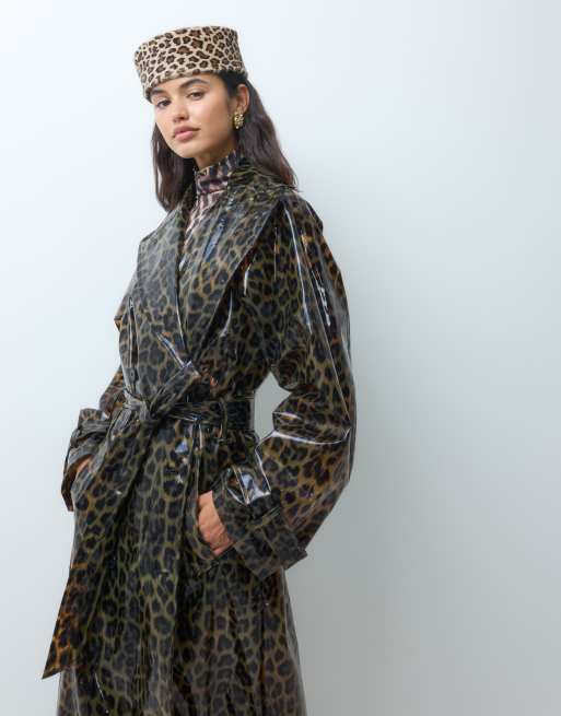 ASOS DESIGN longline high shine trench coat in leopard, 3 of 5