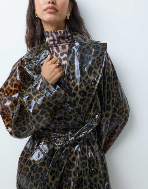 ASOS DESIGN longline high shine trench coat in leopard, 4 of 5