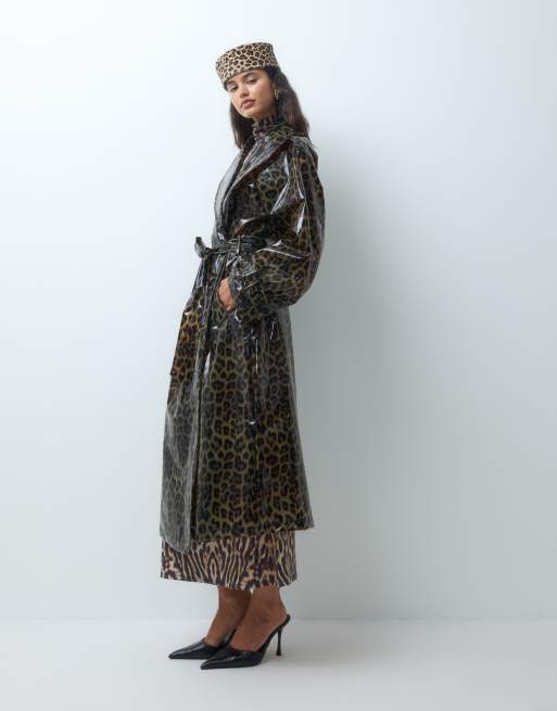 ASOS DESIGN longline high shine trench coat in leopard, 5 of 5