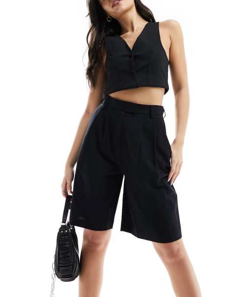 ASOS DESIGN longline high waisted short with linen in black - view 1