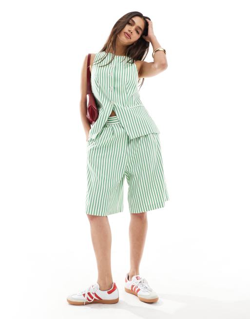 ASOS DESIGN longline high waisted tailored shorts in green stripe (part of a set)
