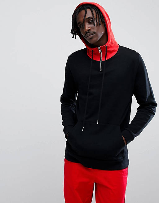 ASOS DESIGN longline hoodie in black with contrast hood and half zip | ASOS