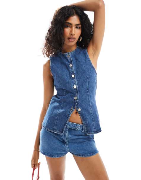 ASOS DESIGN – Longline-Jeansweste in Mittelblau - view 1