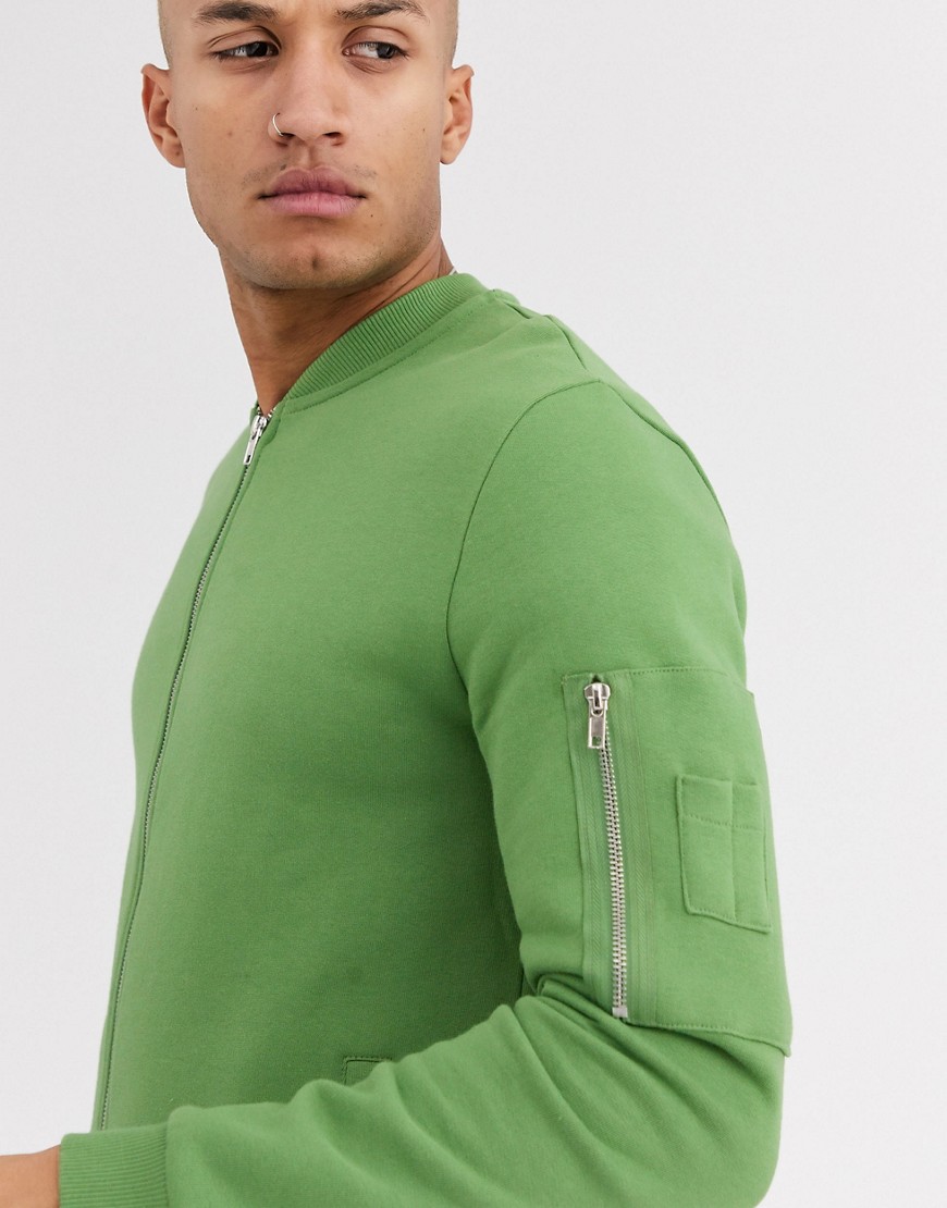 ASOS DESIGN longline jersey bomber jacket with MA1 pocket in green