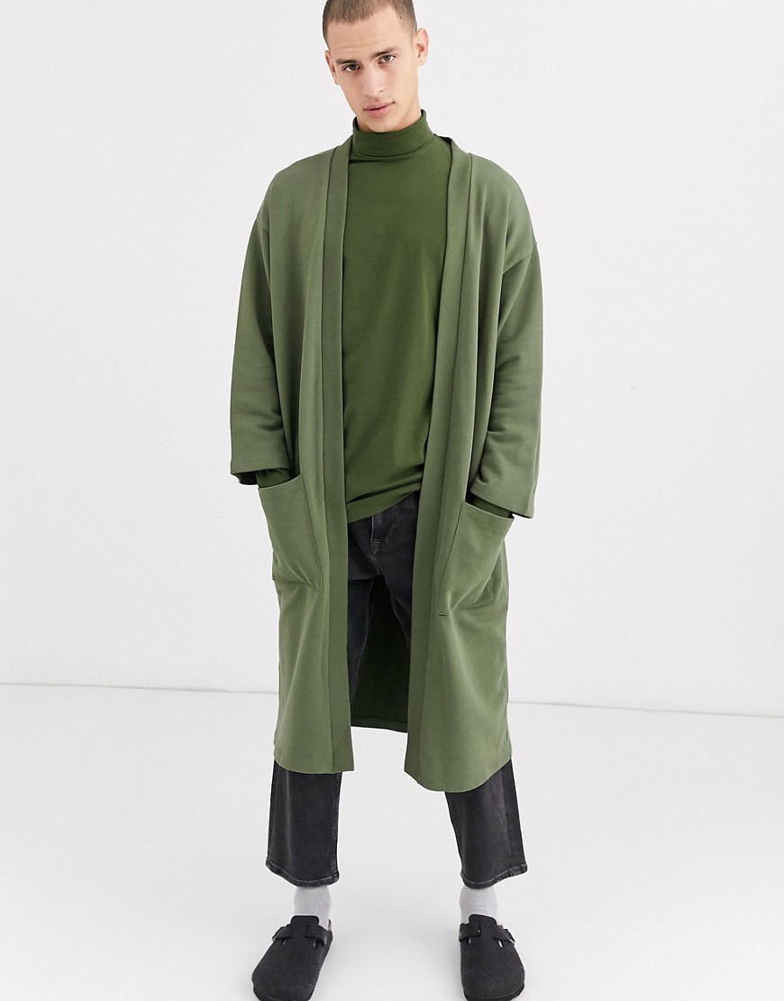 ASOS DESIGN longline jersey kimono cardigan in khaki-Green