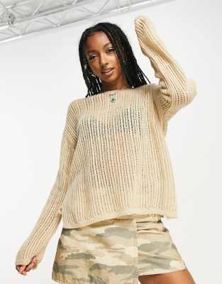 ASOS DESIGN longline jumper in open stitch in oatmeal-Neutral