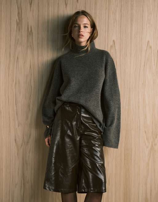 ASOS DESIGN longline sweater with funnel neck in mushroom