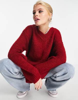 ASOS DESIGN longline jumper with V neck in brushed yarn in dark red