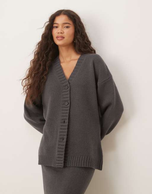ASOS DESIGN longline lambswool waisted cardigan in charcoal