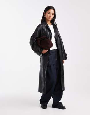 Asos Design Longline Leather Look Trench Coat With Contrast Pockets In Black