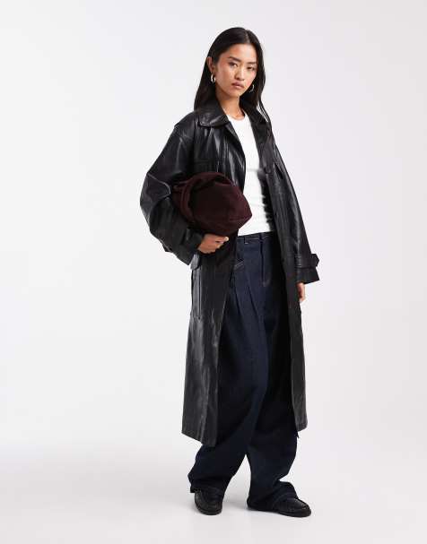 ASOS DESIGN longline leather look trench coat with contrast pockets in black - view 1