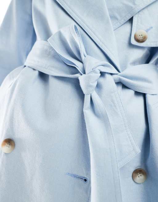 ASOS DESIGN longline linen mix trench coat in blue, 4 of 4