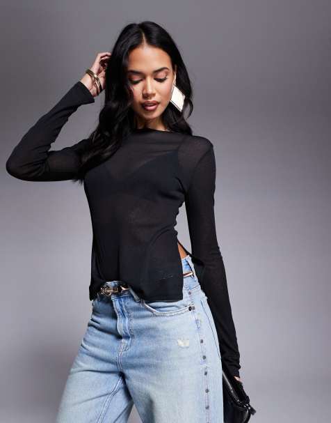 ASOS DESIGN longline long sleeve mesh top with side splits in black - view 1