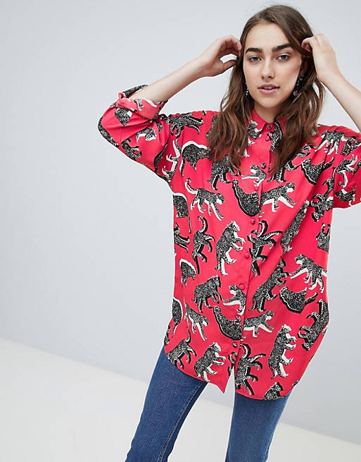 ASOS DESIGN longline long sleeve shirt in leopard animal print