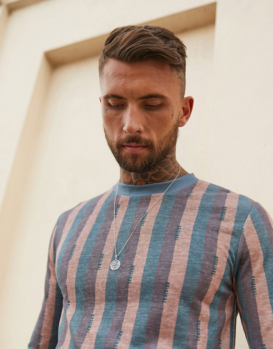 ASOS DESIGN longline long sleeve stripe t-shirt with all over roman numerals in linen look-Multi