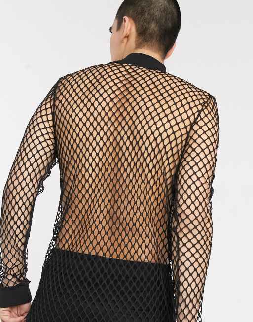 ASOS DESIGN longline long sleeve t-shirt in black open mesh, 2 of 4