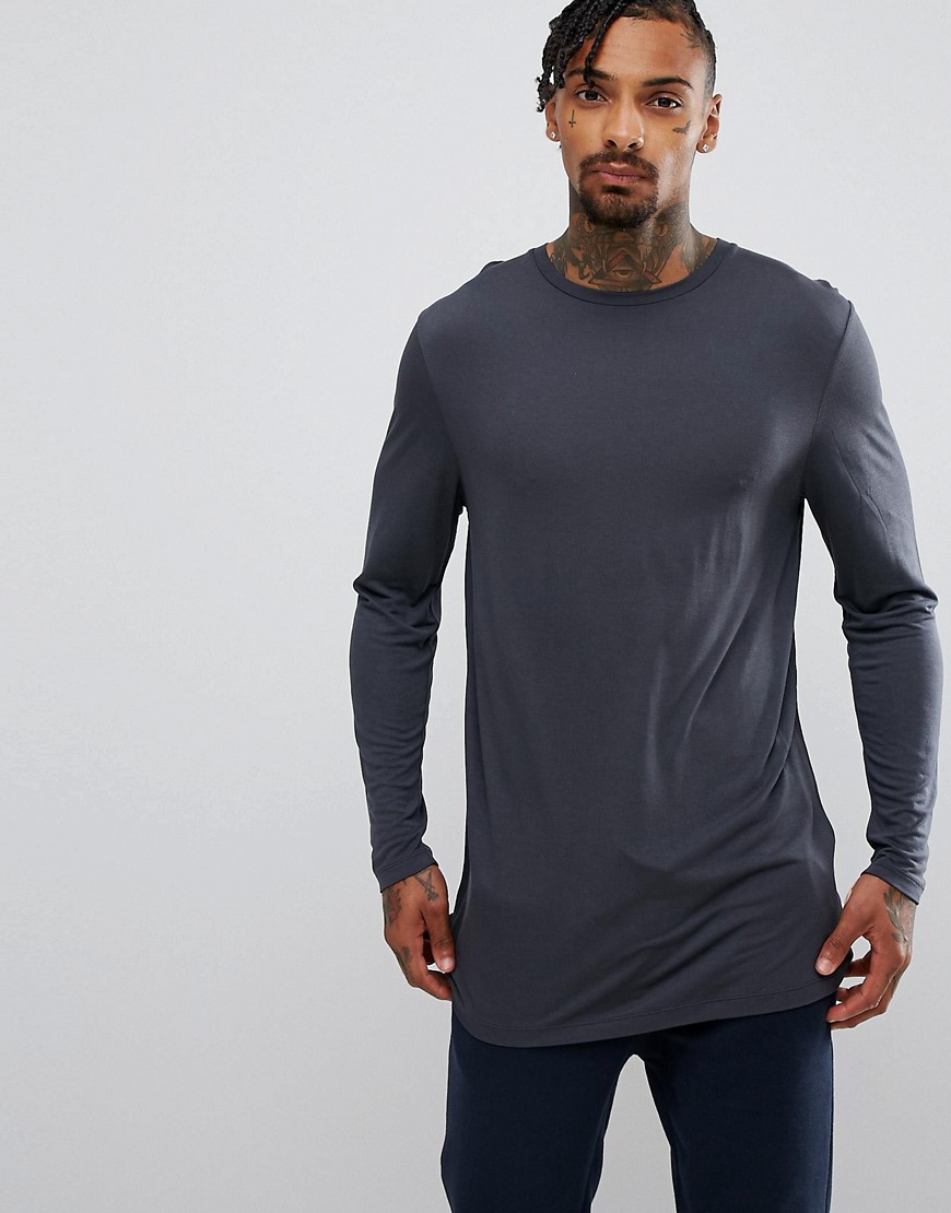 ASOS DESIGN longline long sleeve t-shirt in drape viscose fabric in washed black-Grey