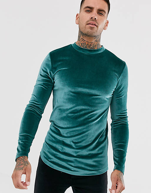 ASOS DESIGN longline long sleeve t-shirt in velour with curved hem in ...