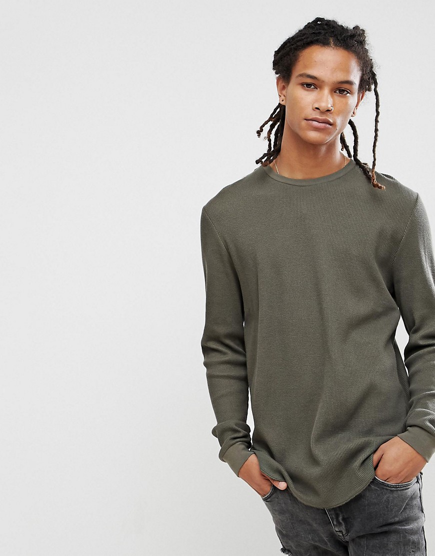 ASOS DESIGN longline long sleeve t-shirt in waffle with curve hem in khaki-Green
