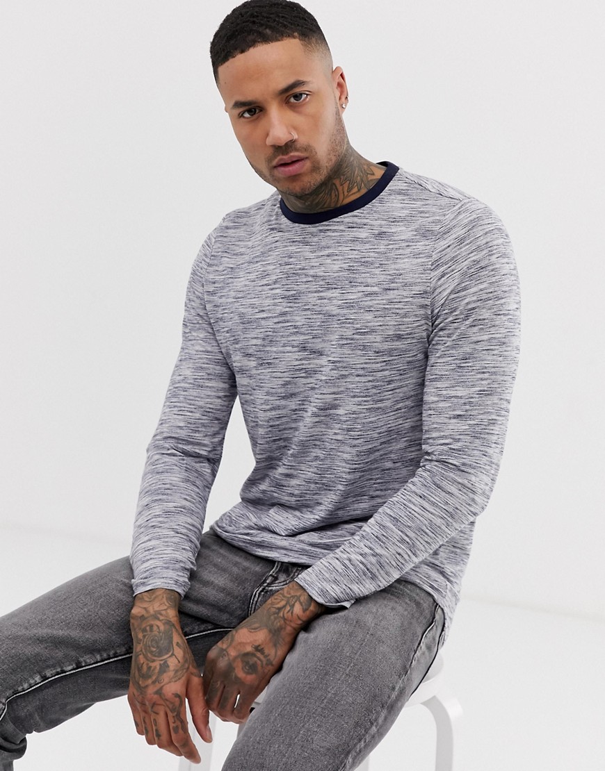 ASOS DESIGN longline long sleeve t-shirt with curved hem in interest fabric-Navy