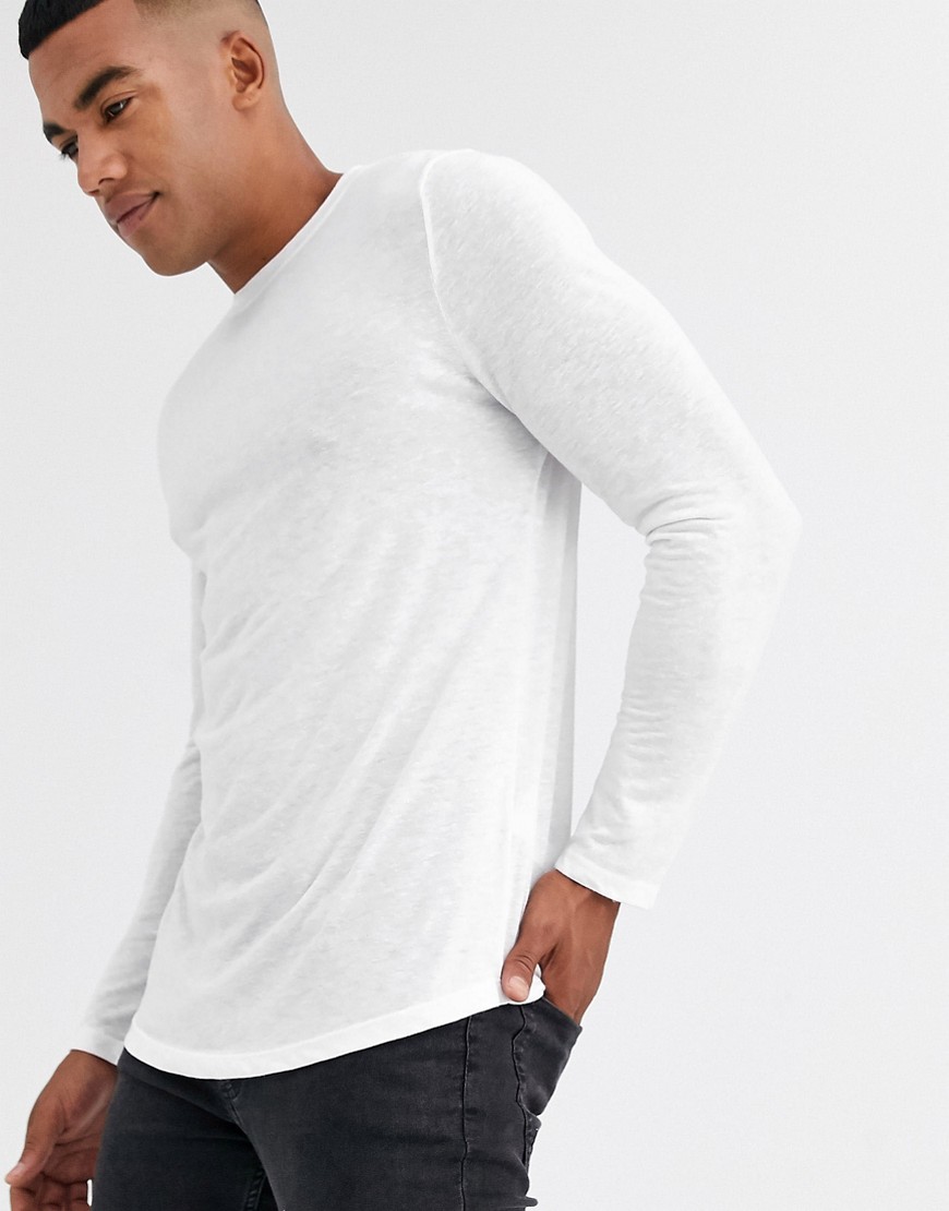 ASOS DESIGN longline long sleeve t-shirt with curved hem in linen mix-White
