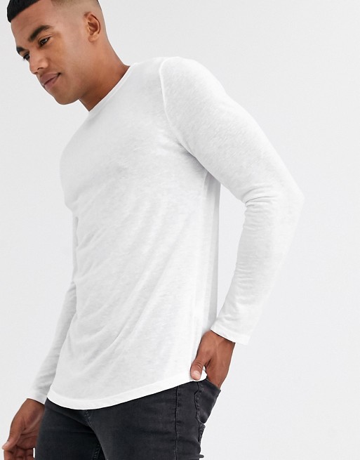 ASOS DESIGN longline long sleeve t-shirt with curved hem in linen mix