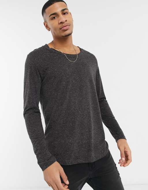 ASOS DESIGN longline long sleeve t-shirt with scoop neck in black linen ...