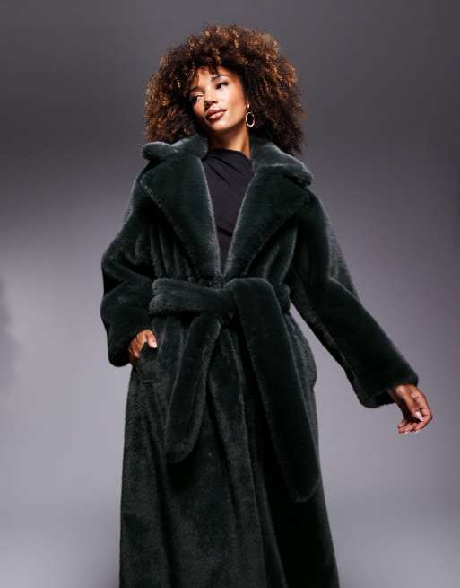 ASOS DESIGN – Longline-Mantel aus Kunstpelz in Tannengrün mit Bindegürtel, 3 von 4