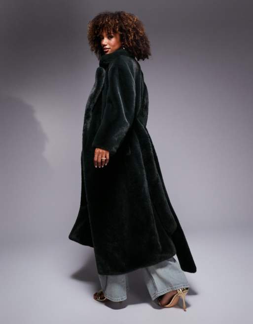 ASOS DESIGN – Longline-Mantel aus Kunstpelz in Tannengrün mit Bindegürtel, 4 von 4