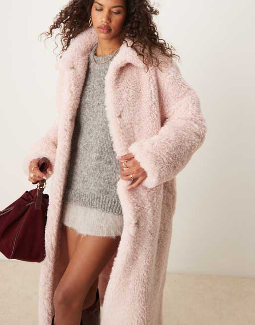ASOS DESIGN Longline Mantel aus lockigem Teddyfell in Hellrosa ASOS