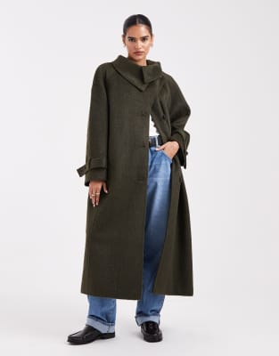 ASOS DESIGN - Longline-Mantel aus Wollmix in Khaki mit Stehkragen-Schwarz