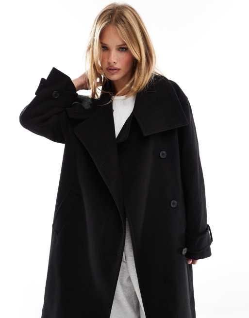 Trenchcoat Wollmantel Schwarz Stehkragen Oversize Mantel Herren