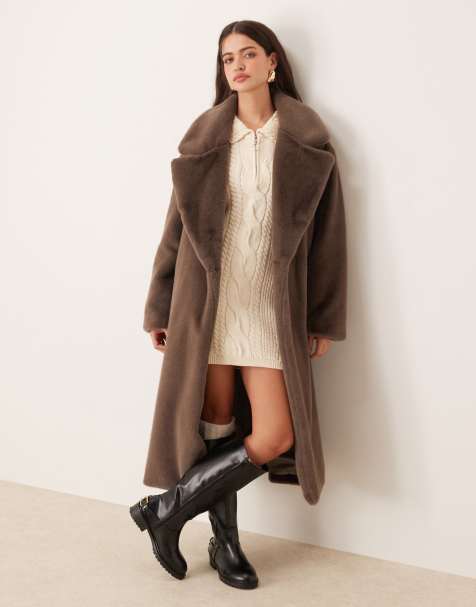 ASOS DESIGN – Longline-Mantel zum Überwerfen aus Kunstpelz in Mokka - view 1