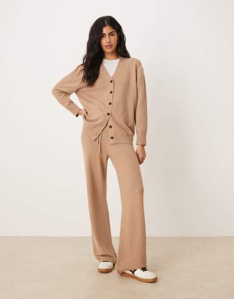 ASOS DESIGN longline midweight boyfriend cardigan & wide leg pants set in camel - view 1