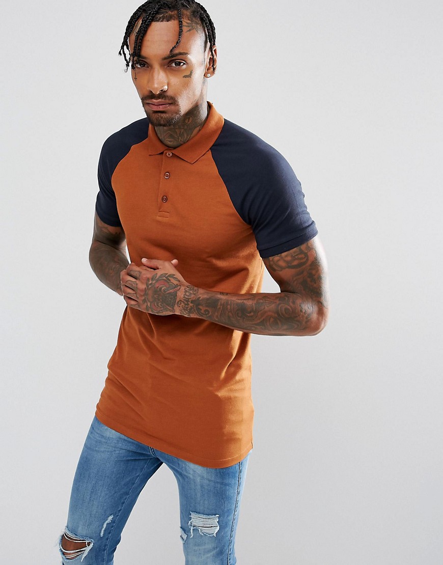 ASOS DESIGN longline muscle fit polo with contrast raglan-Multi