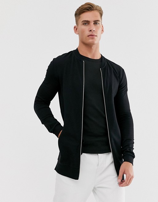 ASOS DESIGN longline muscle jersey bomber jacket in black | ASOS