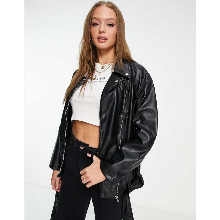 Plus Size Black Faux Leather Longline Biker Jacket